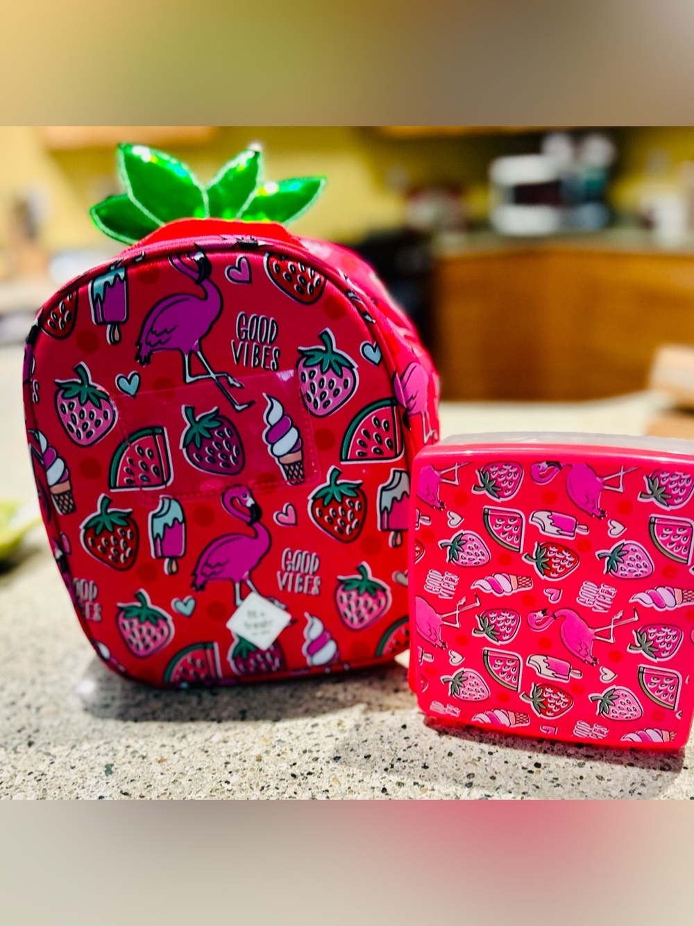 Strawberry Backpack &Matching Lunch Box Set Kids Flamingo Good Vibes